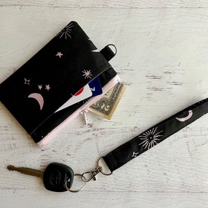 Vintage atomic moon and stars ID holder wristlet wallet - pink and black mid century inspired print ID holder
