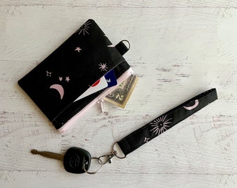 Vintage atomic moon and stars ID holder wristlet wallet - pink and black mid century inspired print ID holder