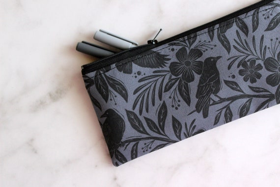 Floral Raven Pen and Pencil Pouch - Handmade Cotton Zipper Bag - LAST in this color