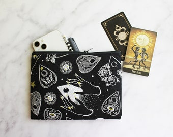 Ouija planchette print large black makeup bag