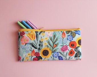 Spring floral on blue pen and pencil zipper pouch - journal and planner accessories - crochet hook bag