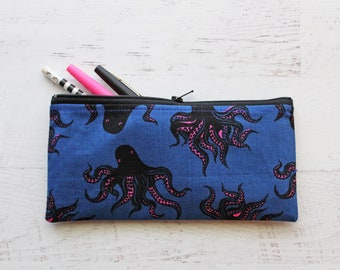 Journal accessories octopus bag - blue zipper pouch - pen and pencil holder - crochet hook keeper