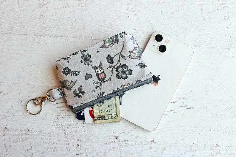 Bats and flowers cute and creepy ID holder zippered pouch with lobster clasp under 15 gifts image 3