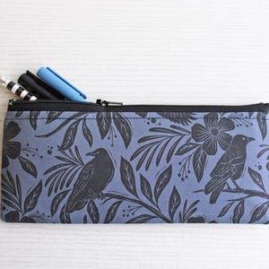 Floral Raven Pen and Pencil Pouch - Handmade Cotton Zipper Bag 画像 2