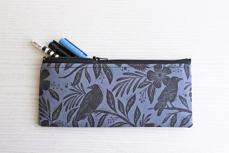 Floral Raven Pen and Pencil Pouch - Handmade Cotton Zipper Bag 画像 2