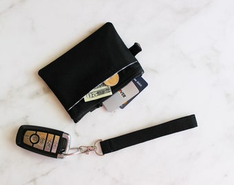 Black canvas ID holder / small wristlet wallet - gifts for her / him