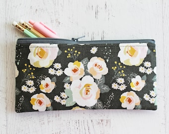 Black floral print planner pen bag - flower print zipper pouch - pen and pencil holder