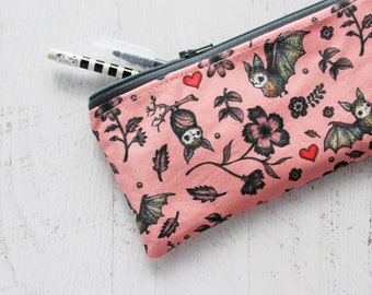 Pink bats and flowers pen and pencil zipper pouch - journaling accessories organizer bag