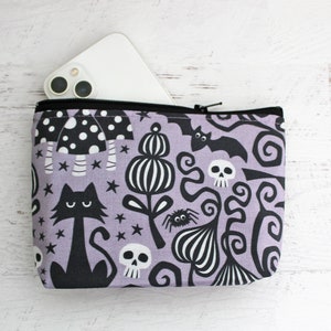 Cats and skulls small makeup bag - witchy accessories lavender zipper pouch - mushrooms and bats