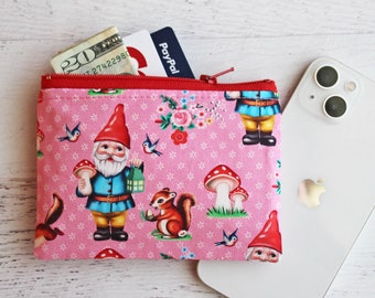 Gnomes and Mushrooms Coin Purse: Pink Fabric Zipper Pouch
