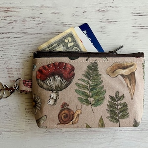 Woodland small zipper pouch,  keyring ID holder bag, snails and plants,  gifts under 15