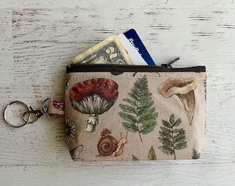 Woodland small zipper pouch - keyring ID holder bag - snails and plants - gifts under 15