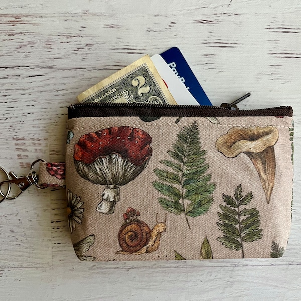 Woodland small zipper pouch - keyring ID holder bag - snails and plants - gifts under 15