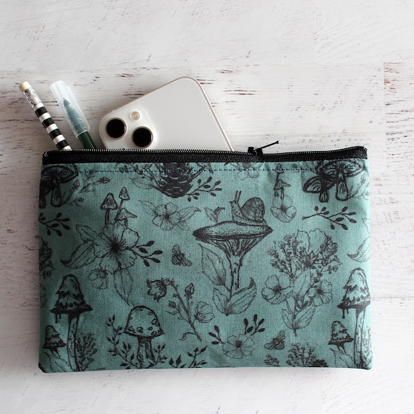 Witchy accessories - flowers and mushrooms makeup bag - large zipper pouch - teal small handbag