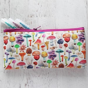Colorful Mushroom Print Pen Pouch - Zippered Pencil Bag