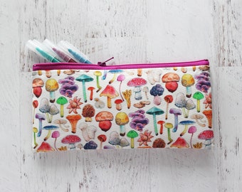 Colorful mushrooms print pen holder - long colorful zipper pouch - cute crochet hook keeper bag