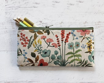 Floral rifle paper co canvas fabric zipper pouch - floral pencil bag - journal accessories case