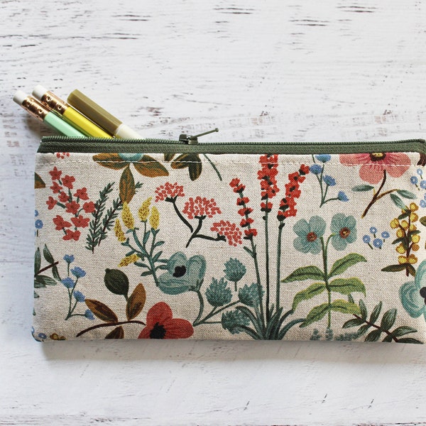 Floral rifle paper co canvas fabric zipper pouch - floral pencil bag - journal accessories case