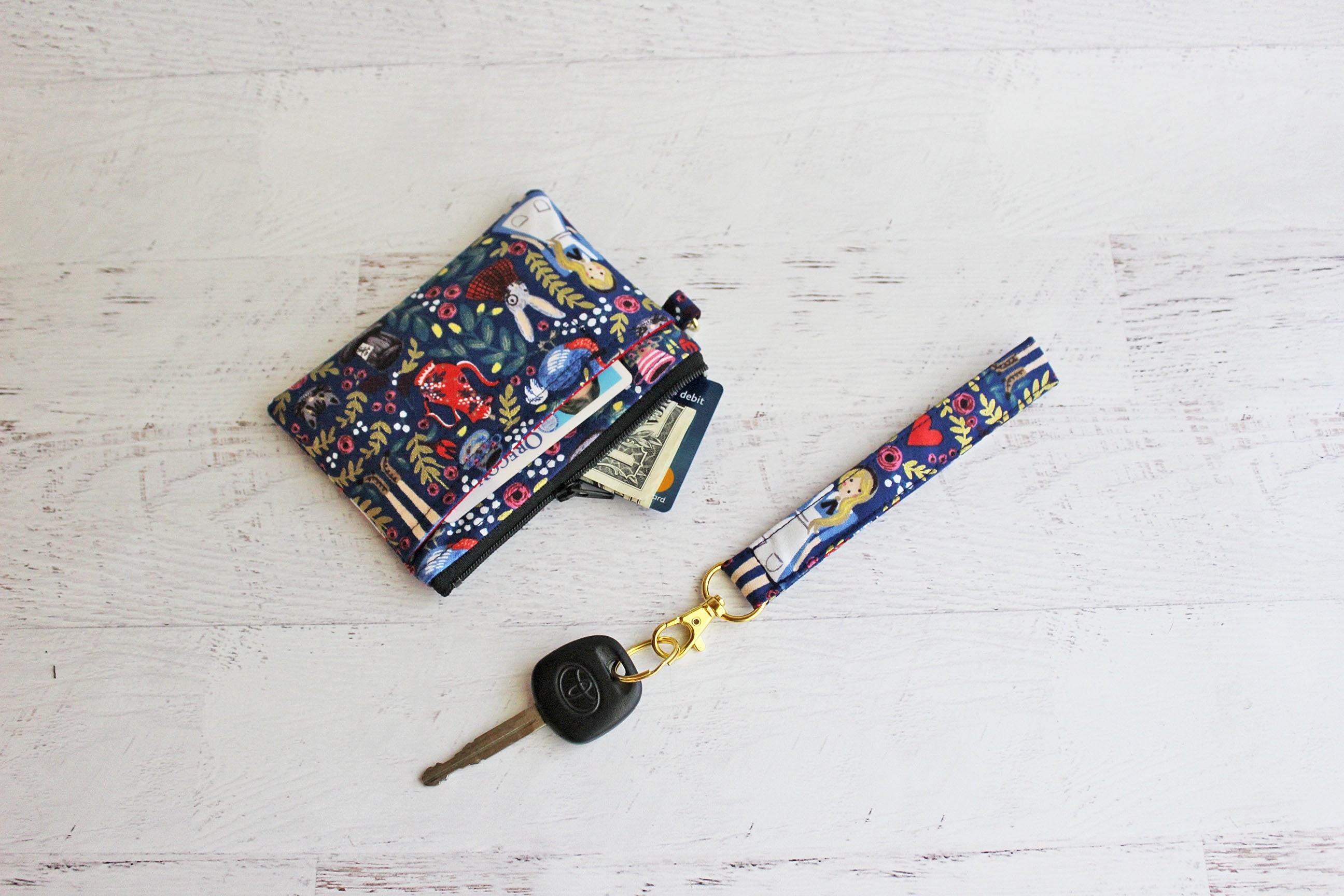 Alice in Wonderland ID holder pouch - zipper pouch - small wristlet -  grab and go wallet - key lanyard