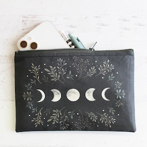 Moon phases black pouch, aesthetic makeup bag, goblincore accessories, big black zipper pouch,  goth accessory, death head moth purse