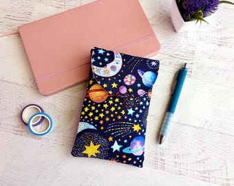 Celestial Pen Pouch, Galaxy Print Stationery Bag, Small Planner Accessory Case, Space Theme Cotton Snap Pouch, Bullet Journal Supplies
