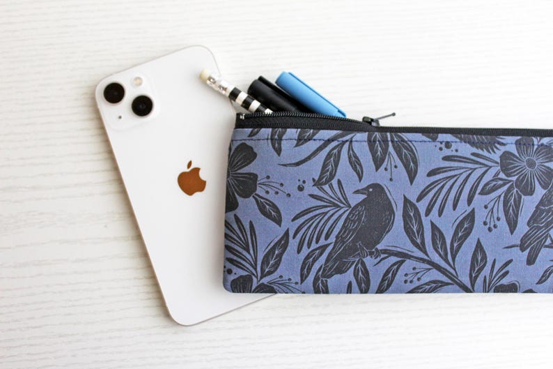 Floral Raven Pen and Pencil Pouch - Handmade Cotton Zipper Bag 画像 8