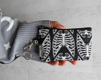 Creepy Id holder / keyring zipper small zipper pouch - human rib cage / bones print small black bag