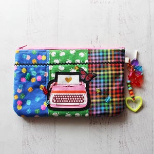 Patchwork Clutch Bag – Handmade Quilted Cosmetic Pouch with Typewriter