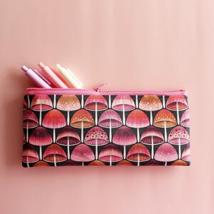 Pink Mushroom Zipper Pouch: Handmade Pen and Pencil Bag
