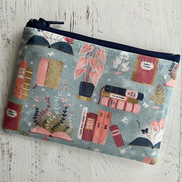 Books print zipper pouch - small ID / change purse - cute under 10 gift ideas