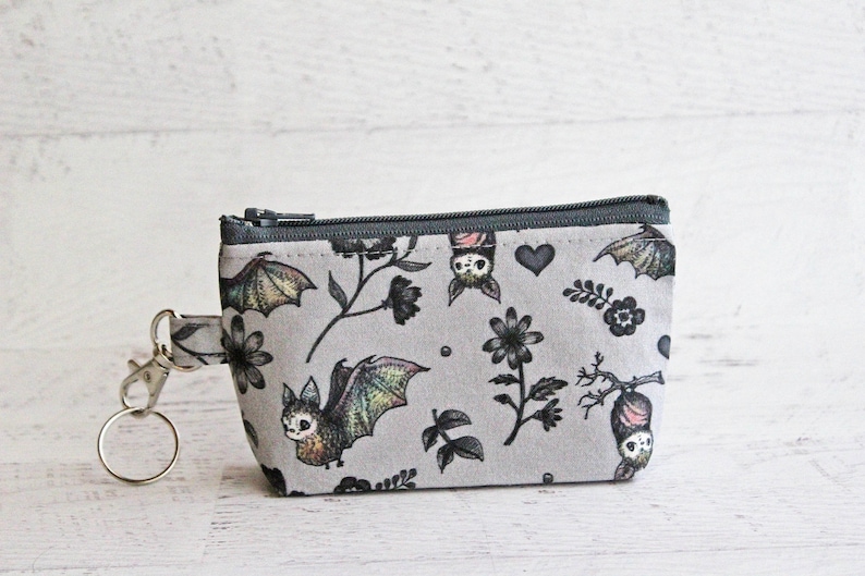 Bats and flowers cute and creepy ID holder zippered pouch with lobster clasp under 15 gifts image 4