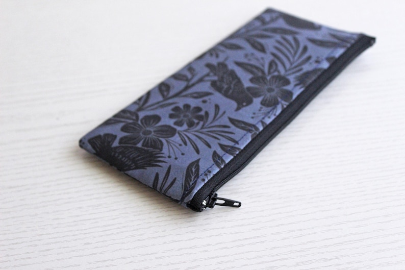 Floral Raven Pen and Pencil Pouch - Handmade Cotton Zipper Bag 画像 6