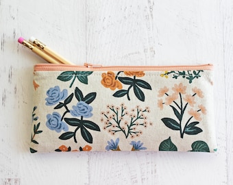 Floral canvas zipper pouch - pen and pencil organizer bag - journal accessories