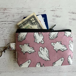 Spooky ghost print pink keyring pouch - small creepy ID holder - under 15 gifts