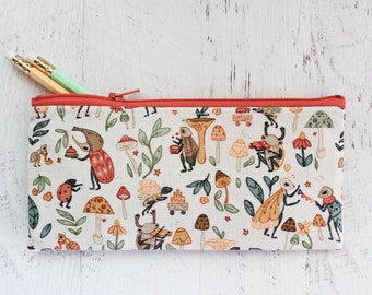 Pencil and pen organizer zipper pouch - woodland insects print - bullet journal pen case