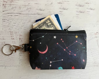 Black galaxy print zipper pouch ID holder change purse with keyring - gifts under 15