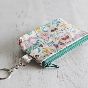 Small work ID badge holder key ring bag woodland moth print zipper pouch with lobster clasp image 6