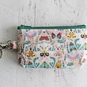 Small work ID badge holder key ring bag woodland moth print zipper pouch with lobster clasp image 5