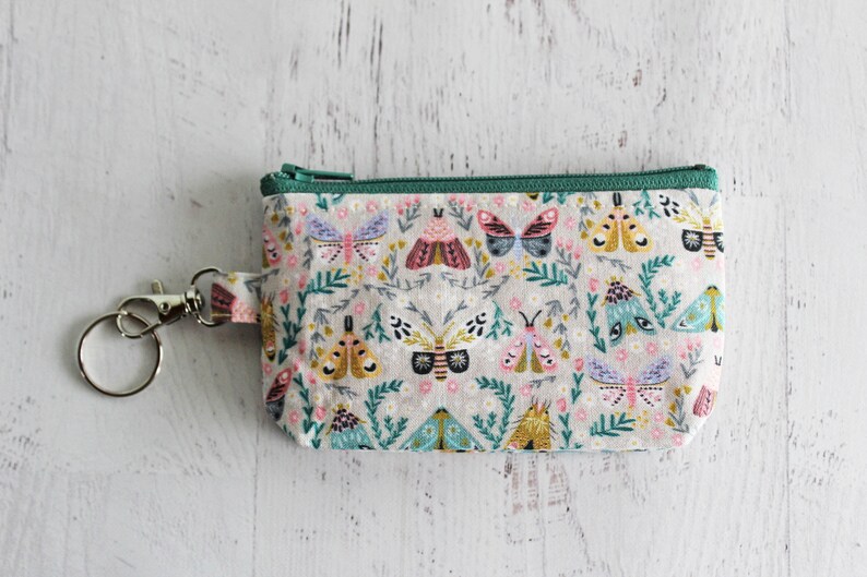 Small work ID badge holder key ring bag woodland moth print zipper pouch with lobster clasp image 5