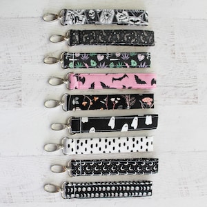 Witchy wristlet keychain, fabric key fob, creepy wrist lanyard, gift ideas for them, black key ring - YOU PICK