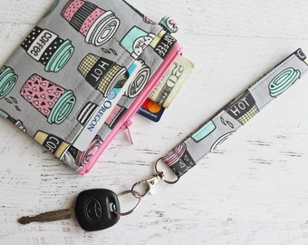 Coffee addicts gifts - ID case - card case keyring - zipper pouch - small wristlet