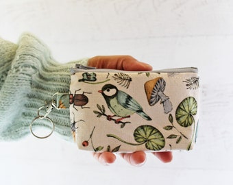 Keyring small zipper pouch ID holder - birds and insects - useful gifts under 15 - floral womams wallet