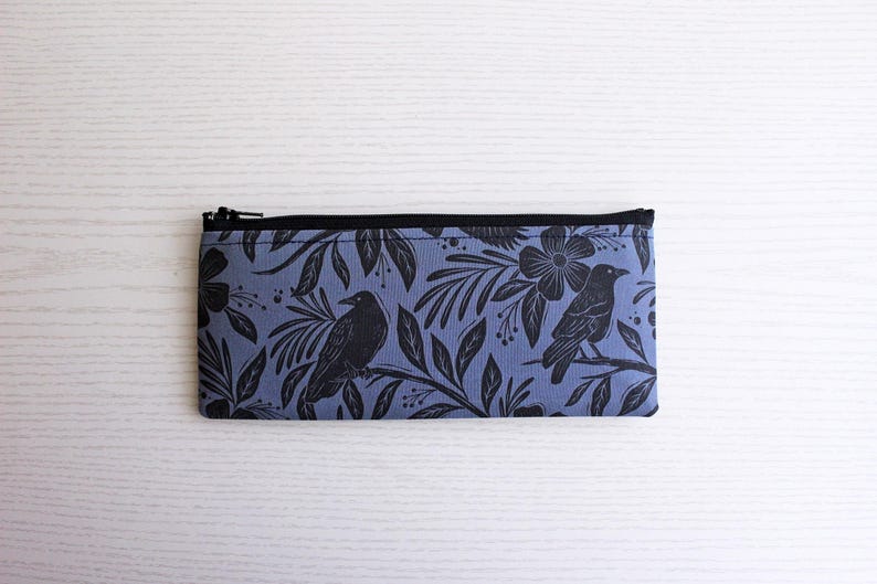 Floral Raven Pen and Pencil Pouch - Handmade Cotton Zipper Bag 画像 3