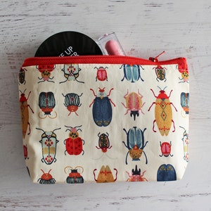 Fancy beetles print pouch, cosmetics holder,  makeup bag,  beige insect print zipper pouch