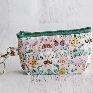 Small work ID badge holder key ring bag woodland moth print zipper pouch with lobster clasp image 3