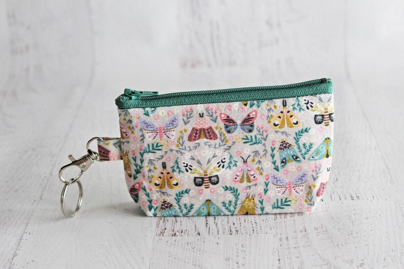 Small work ID badge holder key ring bag woodland moth print zipper pouch with lobster clasp image 3