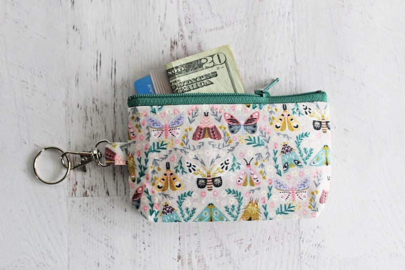 Small work ID badge holder key ring bag woodland moth print zipper pouch with lobster clasp image 1