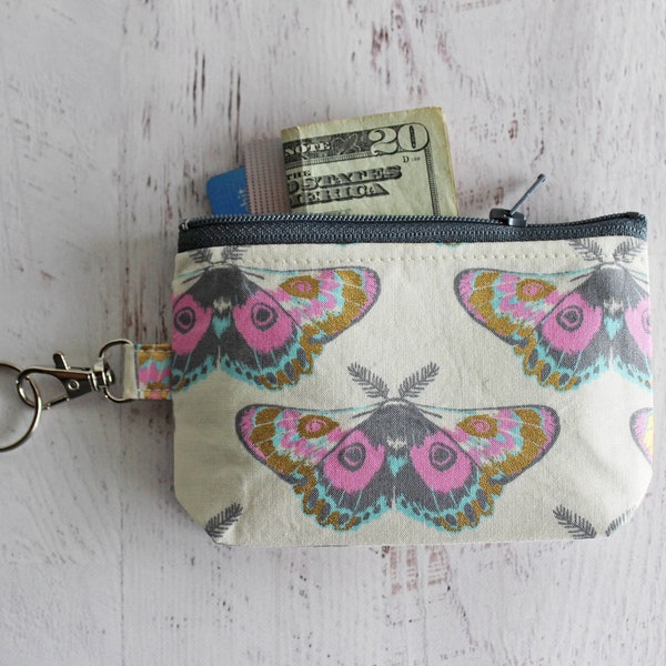 Small zipper pouch with key ring attachment - fancy moth print ID holder change purse card case