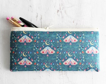 Moonlit moth on teal - pen or pencil pouch aesthetic holder zipper pouch - journaling and planner accessories holder bag