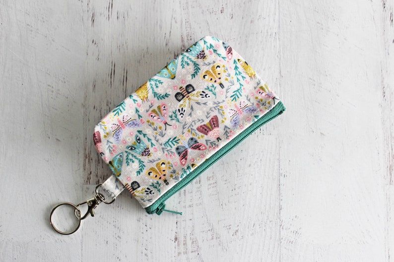 Small work ID badge holder key ring bag woodland moth print zipper pouch with lobster clasp image 4